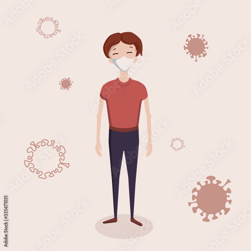 Man in medical mask with viruses around. COVID 19. Coronavirus epidemic restrictions. Health care medical mask to protect people from coronavirus spreading. Man in quarantine