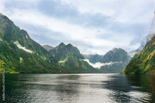 Fiords Mountans Hills Sea Waterfall Boat Fiorland Milford Sound Doubtful Sound New Zealand 