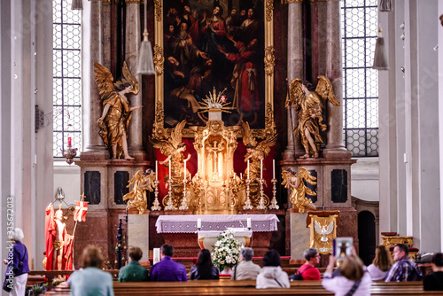 MUNICH, GERMANY - May 27, 2019: Inside view of Heilig-Geist-Kirche (Church of the Holy Spirit), Gothic hall church in Munich.
