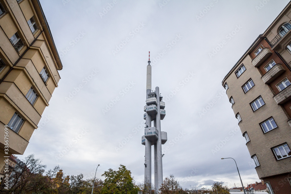 Panorama of the Prague Television Tower, in Zizkov district, in autum during a rainy afternoon. Also called Zizkovsky Vysilac, the Zizkov TV tower is one of the main landmarks of Czech capital city