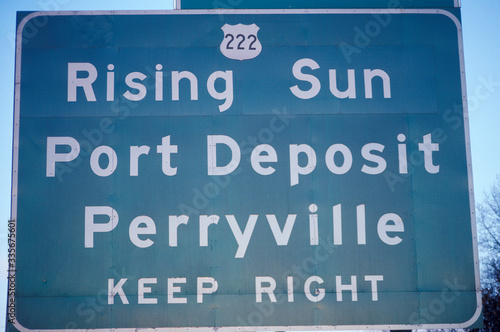 A sign that reads ÒRising Sun Port Dempsey Perryville Keep RightÓ