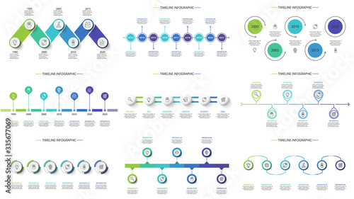 Timeline set with 6,7,9 elements, infographic template for web, business, presentations, vector illustration