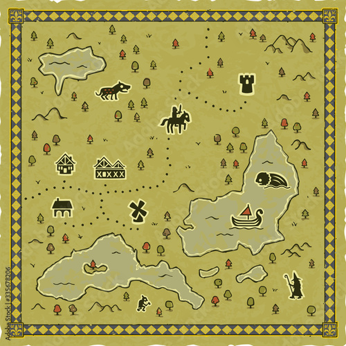 Vector medieval adventure map with trees, lakes, a wolf, a dungeon tower, a mounted knight, a stable, a windmill, a house, a boat, a sea monster, a tavern, mountains, a goblin, a magician and a frame.