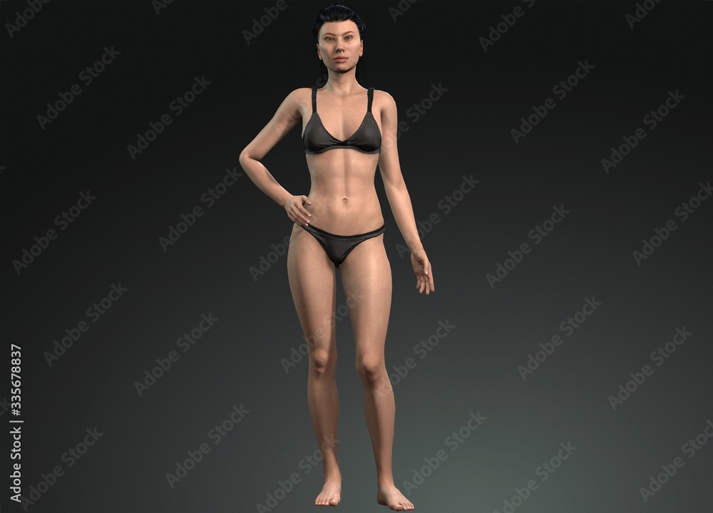 3d illustration. Female model wearing black underwear. standing female model