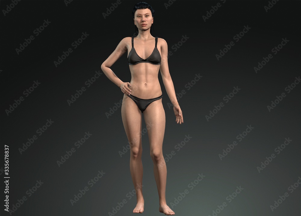 3d illustration. Female model wearing black underwear. standing female model 3d illustration. Female model wearing black underwear. standing female model