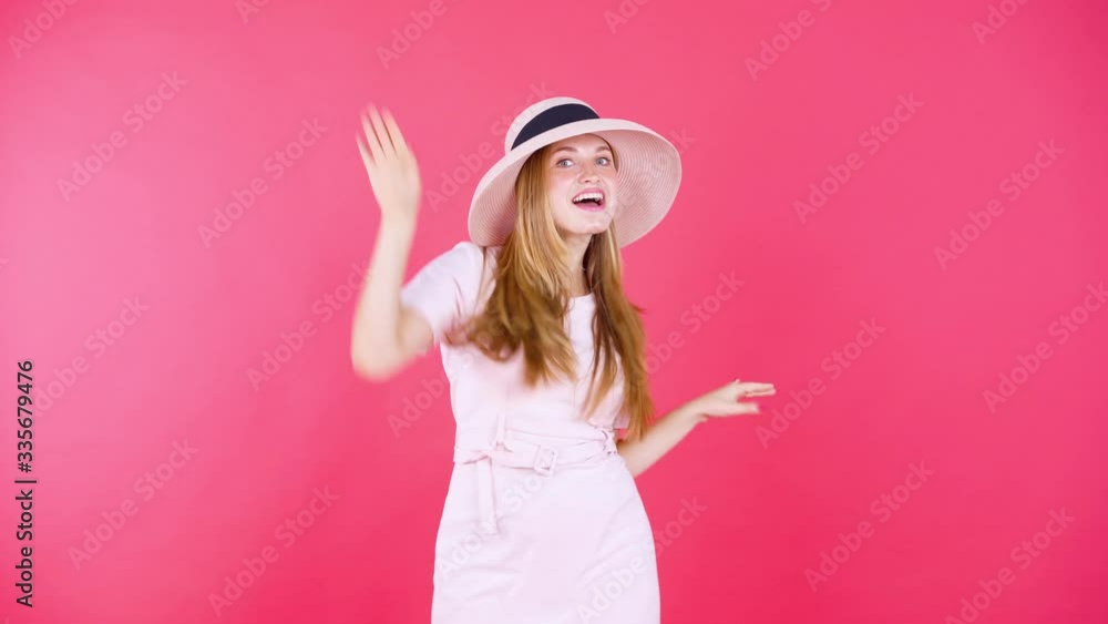 Happy woman wear summer clothes while dance Happy woman wear summer clothes while dance