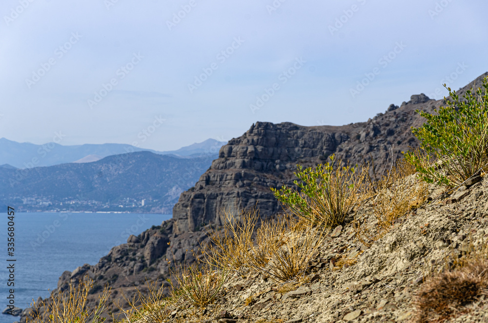Mountain seascape, sunny day travel, and adventure. Mountain seascape, sunny day travel, and adventure.