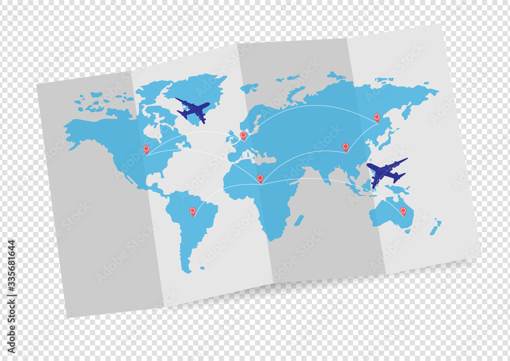 Abstract image of the world logistics, there are world map background and big white airplane is flying for Business trip , Transportation, import-export and logistics, Travel 