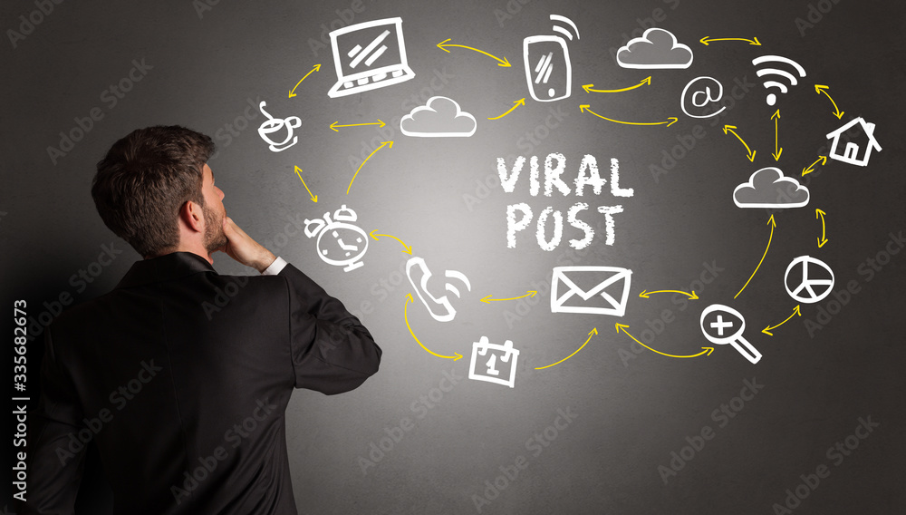 businessman drawing social media icons with VIRAL POST inscription, new media concept businessman drawing social media icons with VIRAL POST inscription, new media concept