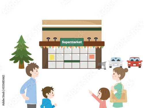 買い物に出かける家族のイラスト