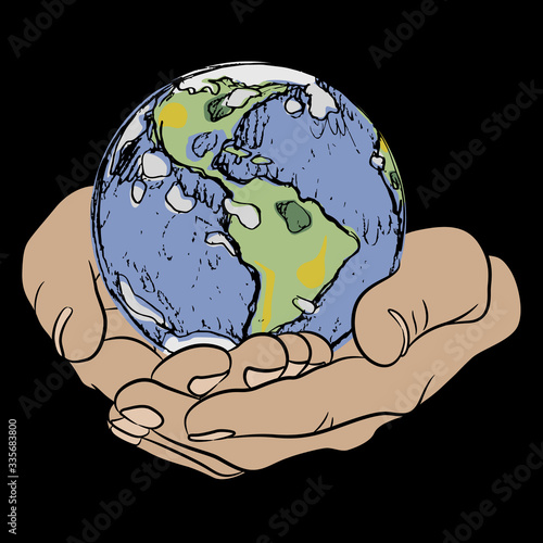 Isolated vector illustration. Human hands holding planet Earth. Environmental concept.