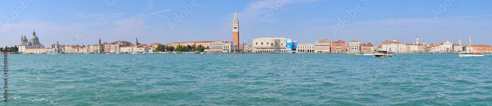 Looking Venice lagoon San Marco square front. Panoramic large photo stock