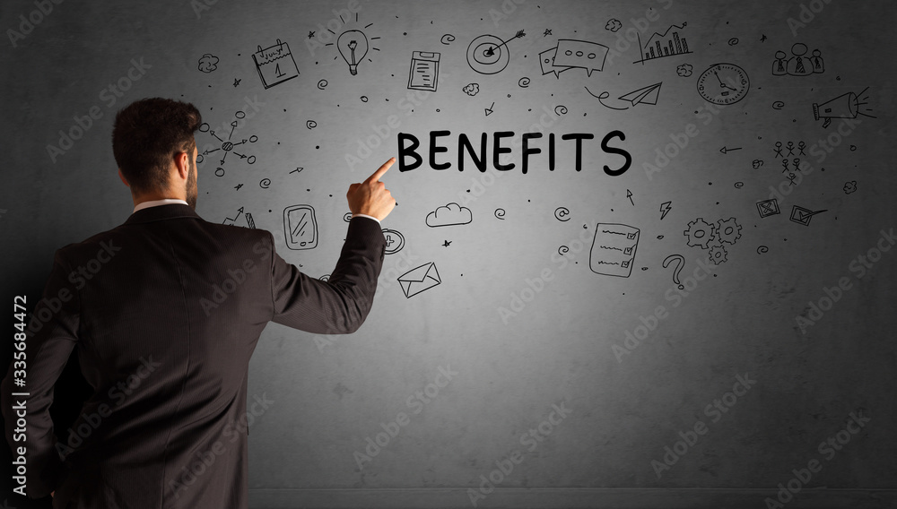 businessman drawing a creative idea sketch with BENEFITS inscription, business strategy concept businessman drawing a creative idea sketch with BENEFITS inscription, business strategy concept