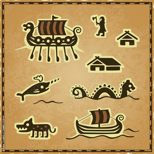 Vector set of norse or viking map icons on a parchment background with frame. Includes: drakkar, warrior, hut, longhouse, narwhal, sea serpent or sea monster, wolf and a sail ship with waves.