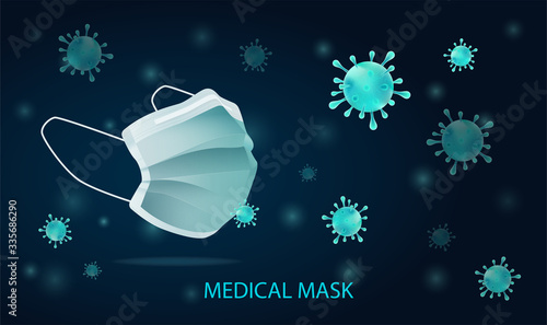Medical mask wth airborne virus molecules floating around it in a concept of the Covid-19 or coronavirus pandemic, vector illustration