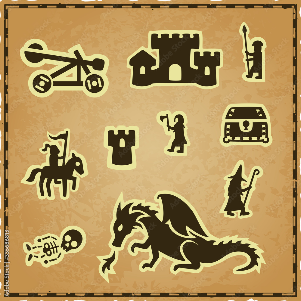 Φωτογραφία Vector set of medieval fantasy map icons with a catapult, a castle, a knight, a viking, a spearman, a treasure chest, a tower, a skeleton, a dragon and a magician on a parchment background with frame