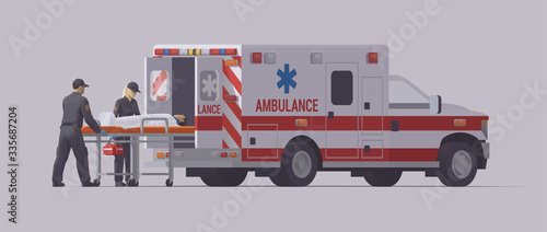 Ambulance emergency paramedic carrying patient on stretcher. Isolated illustration