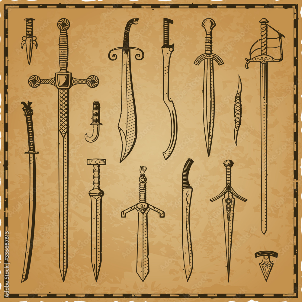 Ink Sword Vector set of ink swords and knives on a worn parchment background with ...