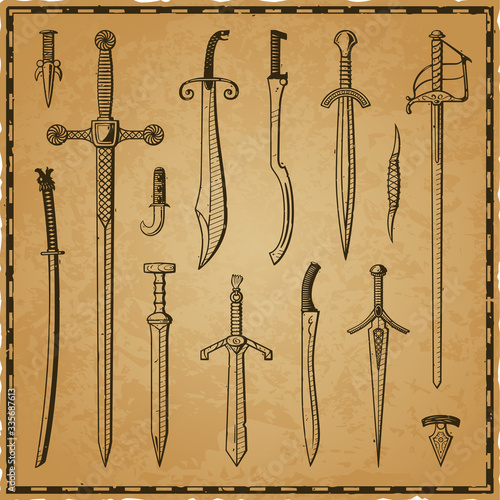 Vector set of ink swords and knives on a worn parchment background with a frame. Includes: daggers, katana, claymore, sabre, rapier, gladius and more blades.