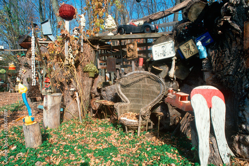 Collectibles and junk in a back yard, Highway 90, NY