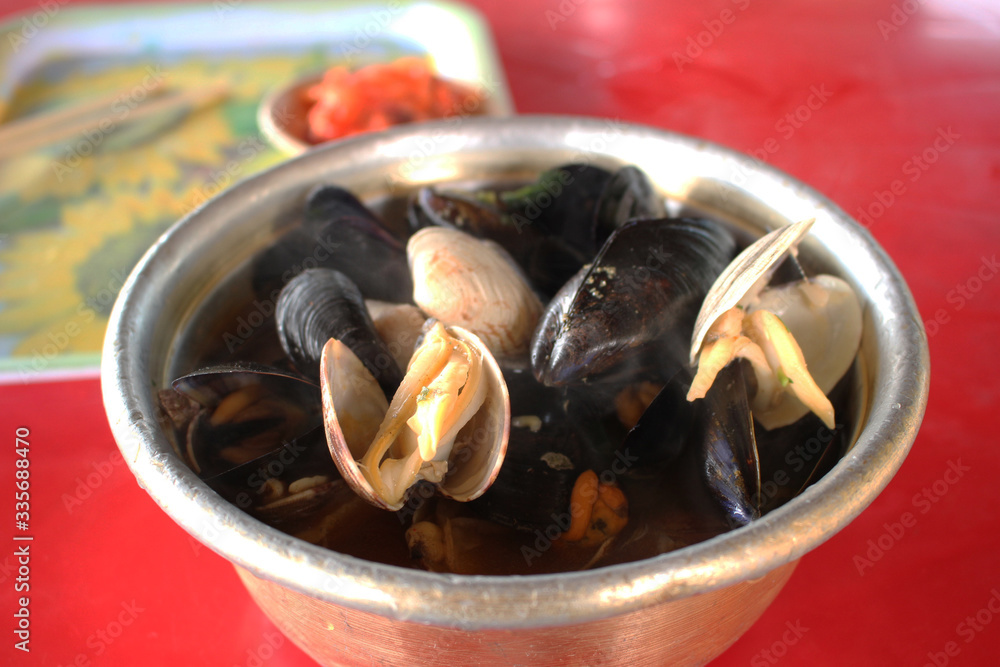 Casual Seafood Ramen with Mussels and Clams - Korean Style Dish Casual Seafood Ramen with Mussels and Clams - Korean Style Dish