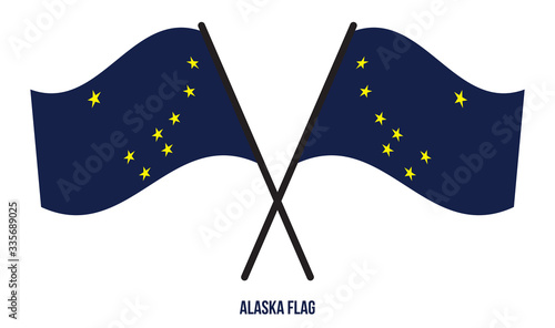 Two Crossed Waving Alaska Flag On Isolated White Background.