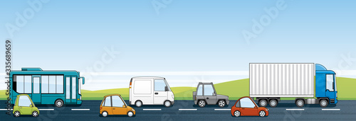Cartoon illustration of a group of vehicles riding on a road