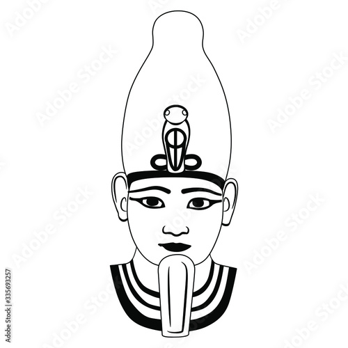 Isolated vector illustration. Portrait of ancient Egyptian pharaoh. Head of god Osiris. Black and white silhouette.
