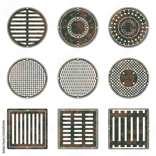 A set of vector textured sewer caps and grids isolated on a white background. Can represent sewage, maintenance, city services, sanitation, manhole covers, drains, a restroom, sewers.