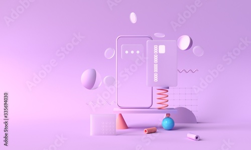 3D rendering payment via credit card concept. Secure online payment transaction with smartphone. Internet banking via credit card on mobile. geometric object floating background