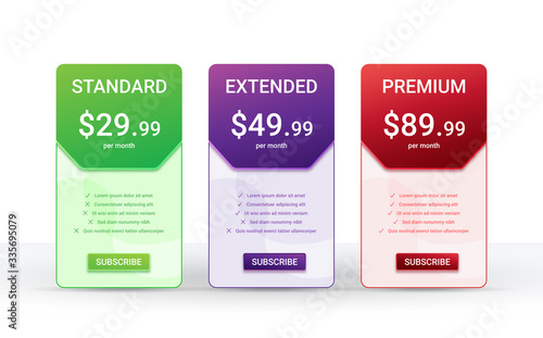 Price comparison table layout template for three products, vector illustration