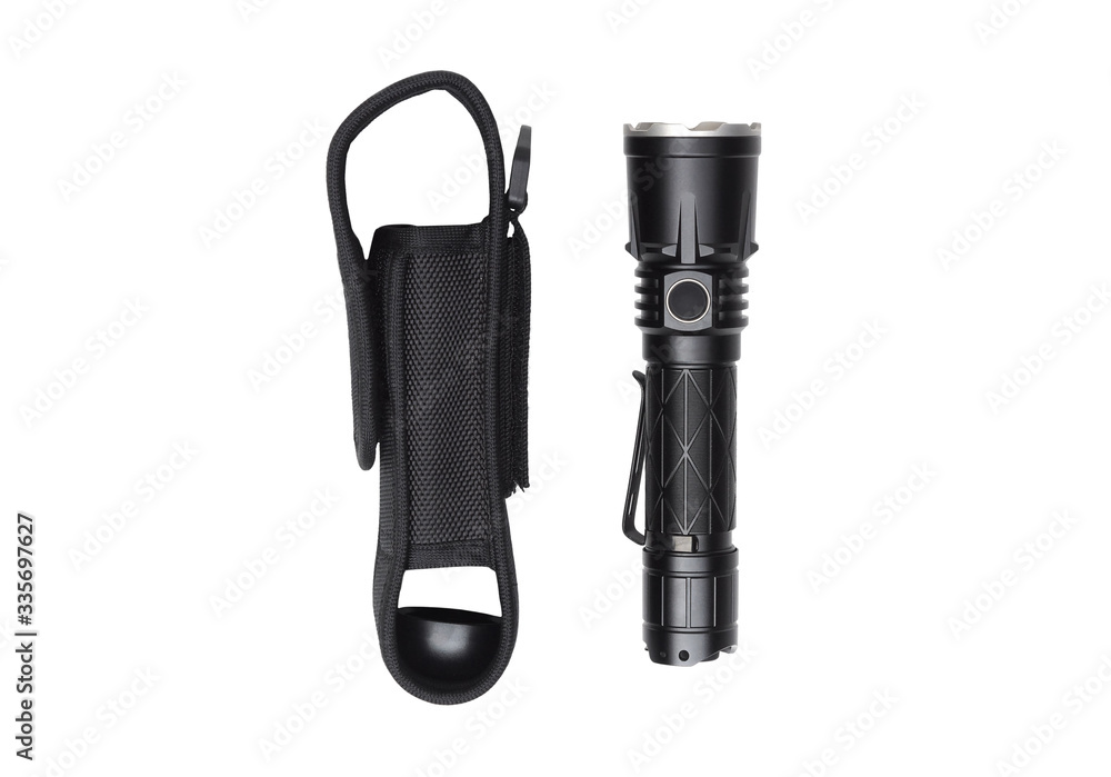 A flashlight with a holster isolated on white background A flashlight with a holster isolated on white background