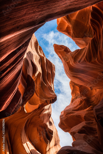 Light from above coming through to the curvy red walls of the Lower Antelope Canyon in Page Arizona USA