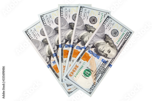 One hundred us dollar banknotes on white background isolated close up, 100 american dollars fan, fanned cash paper money bundle top view photo