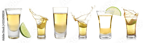 Set of Mexican Tequila shots on white background. Banner design photo