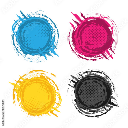 Set of four grunge splash banners. Vector splatter labels with space for text. Grunge label with geometric figures. Paint splash. Vector colorful paint splashes.