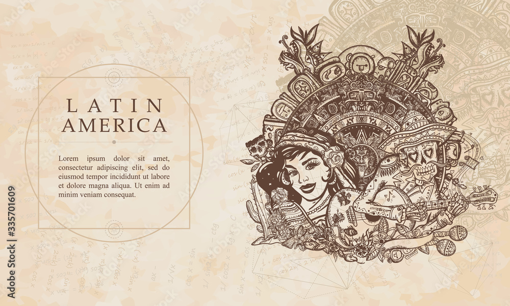 Fototapeta premium Latin America. Mexico. Love story. Tattoo. Mexican latin woman in ancient clothes, skeleton with a guitar and sun stone. Aztec and Mayan concept. Renaissance background. Medieval manuscript