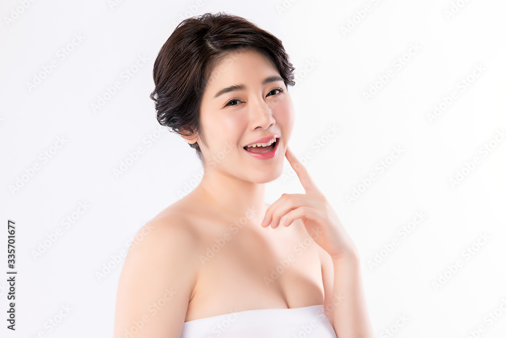 Beautiful Young Asian Woman with Clean Fresh Skin. Face care, Facial treatment, Cosmetology, beauty and healthy skin and cosmetic concept, woman beauty skin isolated on white background Beautiful Young Asian Woman with Clean Fresh Skin. Face care, Facial treatment, Cosmetology, beauty and healthy skin and cosmetic concept, woman beauty skin isolated on white background