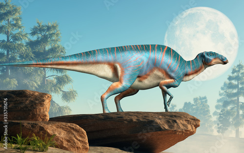 Εκτύπωση καμβά Maiasaura, a hadrosaur, on cliff in front of the full moon