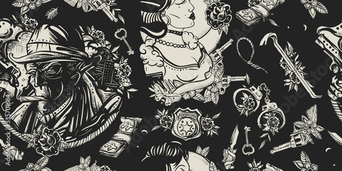 Noir film. Dark city seamless pattern. Murder and investigation. Detective smoking cigar, crime scene, chalk outline of dead body, fashion woman. Retro movie cinema background