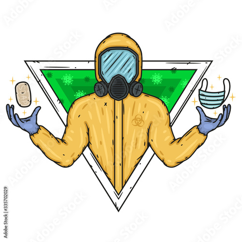 Doctor in biological protection suit with soap and medical mask