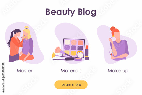 Beauty blog banner with female characters and cosmetics products. Landing page with makeup equipment and girl with cosmetic tool. Fashion woman master with pencil and client. Flat vector illustration