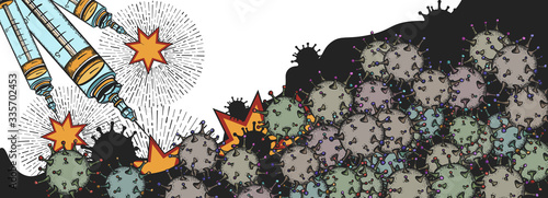 Coronavirus banner. Vaccine kills virus. Fight against epidemic. Medical illustration. Propaganda art. War on world pandemic print. Syringe attacks microbes. COVID-19 (2019-nCoV) concept