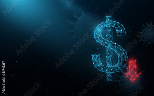 Coronavirus impact global economy stock markets financial crisis background. Cost reduction dollar down icon from lines, triangles and particle style design