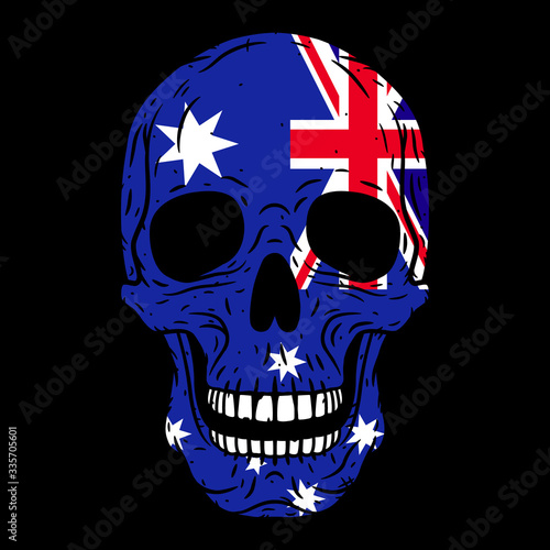 Human skull with the flag of Australia isolated on black background