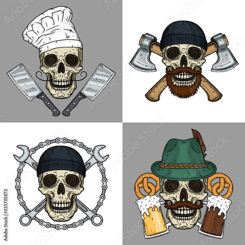 Set of Skull characters. Chef, Lumberjack, Mechanic and Beer lovers
