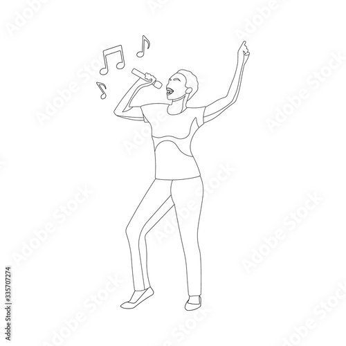 Black african woman singing with mic on hand. Karaoke microphone. Nightlife party club. Happy dance. Pop music. Jazz singer icon or sign or symbol. Music notes - Line art doodle illustration.