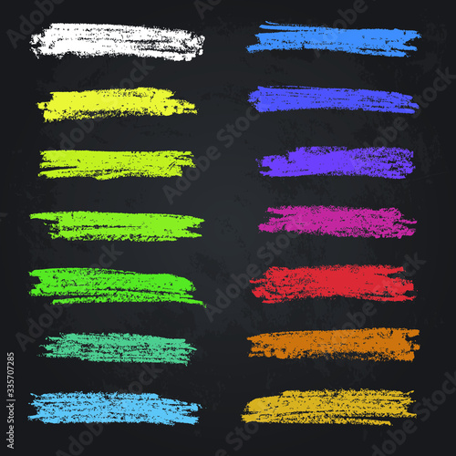 Set of colourful chalk brush strokes on the chalkboard background. Abstract vector illustration.