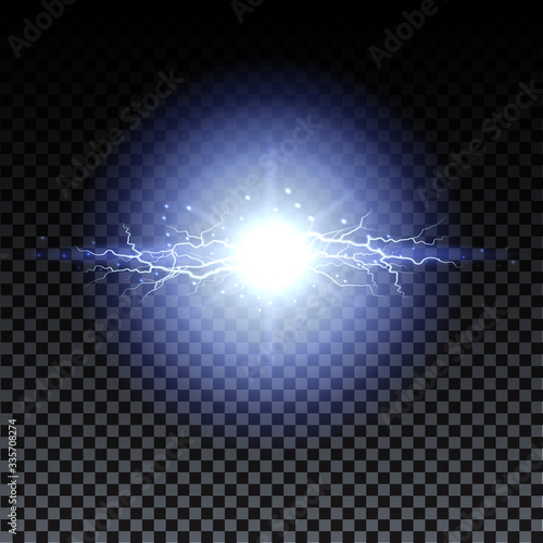 Lightning strikes and sparks, electrical energy on transparent background. Lightning flash and spark. Vector neural cells system.