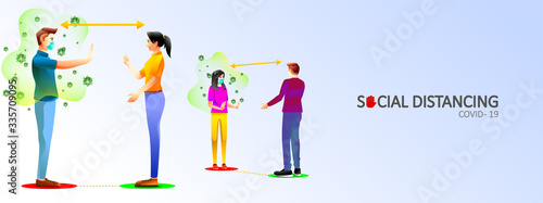 Social distancing health and sick people from covid-19. People keeping distance for infection risk and disease. People wearing a surgical medical mask when positive and infected coronavirus. - Vector